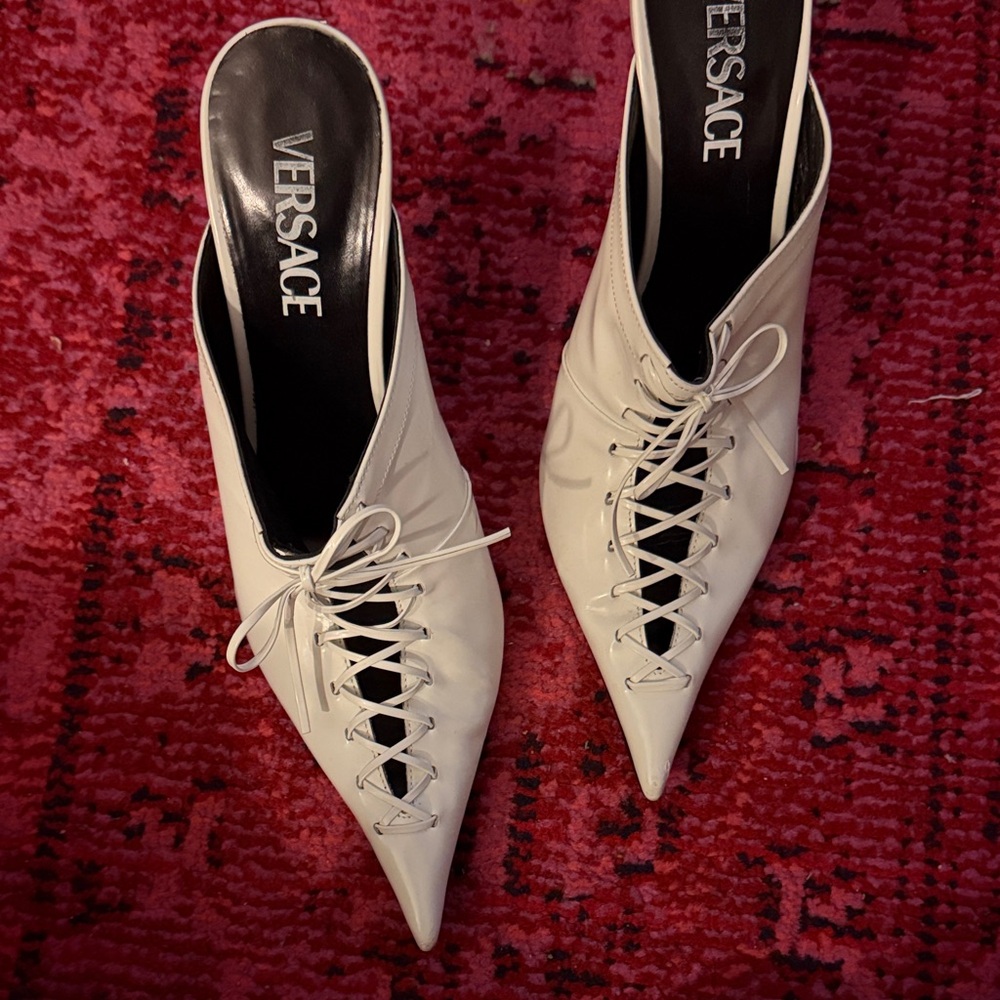 Versace White Lace-Up Mules